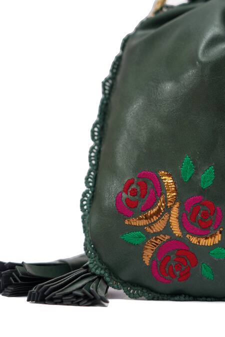 Miri_Olive Green Embroidery, Zari Hand Roses Potli Bag _at_Aza_Fashions