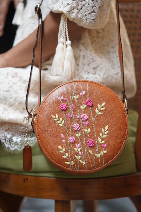 Buy_Miri_Tan Embroidery Hand Round Sling Bag _Online_at_Aza_Fashions