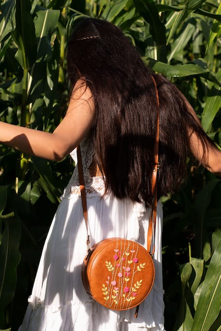 Shop_Miri_Tan Embroidery Hand Round Sling Bag _Online_at_Aza_Fashions