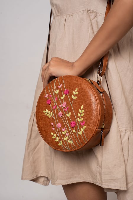 Miri_Tan Embroidery Hand Round Sling Bag _at_Aza_Fashions