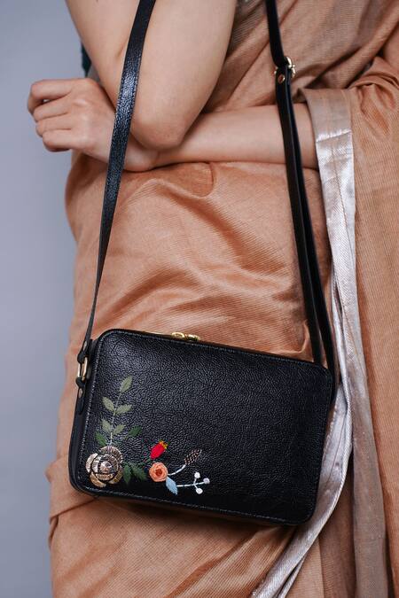 Miri_Black Embroidery, Zari Hand Golden Rose Sling Bag _Online_at_Aza_Fashions