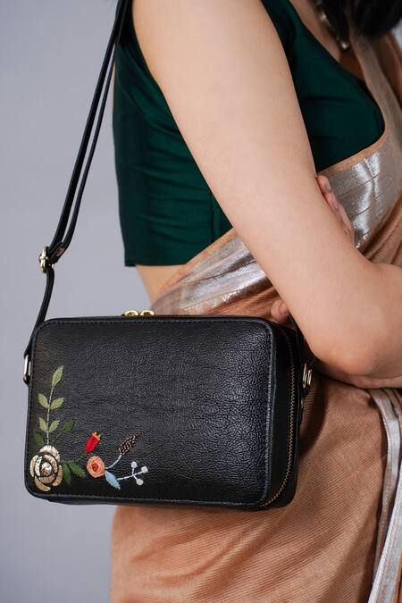 Buy_Miri_Black Embroidery, Zari Hand Golden Rose Sling Bag _Online_at_Aza_Fashions