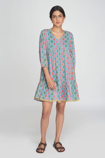 Sinjhar Blue Cotton V-neck Checkered Dress 