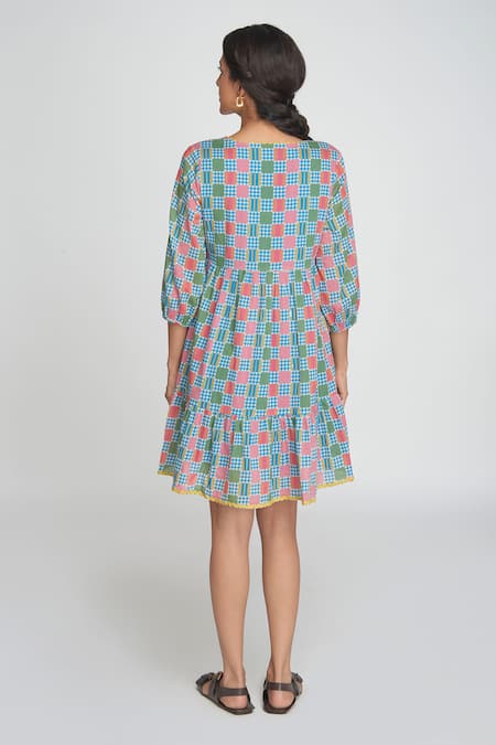 Sinjhar Blue Checkered Cotton Dress 