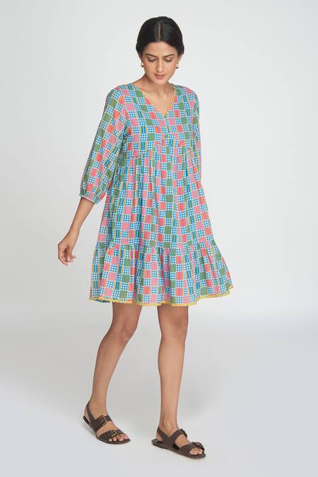 Sinjhar Blue Cotton V-neck Checkered Dress Online at Aza Fashions Sinjhar_Blue Cotton V-neck Checkered Dress _Online_at_Aza_Fashions