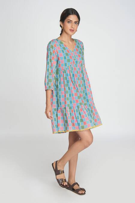 Buy Sinjhar Blue Cotton V-neck Checkered Dress Online at Aza Fashions Buy_Sinjhar_Blue Cotton V-neck Checkered Dress _Online_at_Aza_Fashions