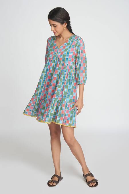 Shop Sinjhar Blue Cotton V-neck Checkered Dress Online at Aza Fashions Shop_Sinjhar_Blue Cotton V-neck Checkered Dress _Online_at_Aza_Fashions