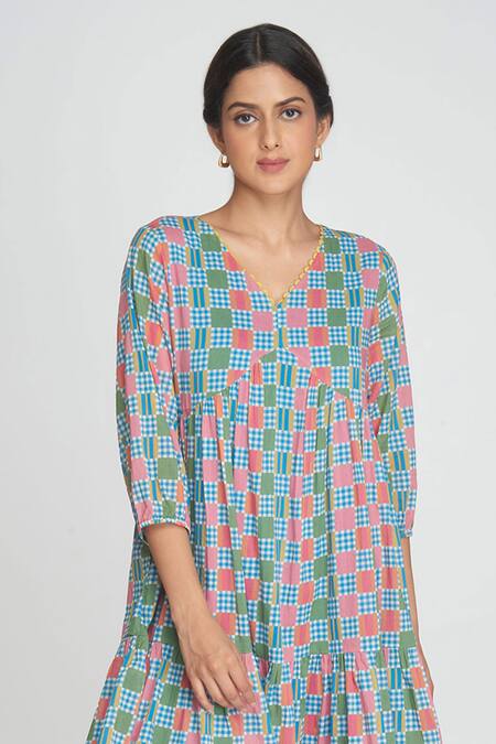 Sinjhar Blue Cotton V-neck Checkered Dress at Aza Fashions Sinjhar_Blue Cotton V-neck Checkered Dress _at_Aza_Fashions