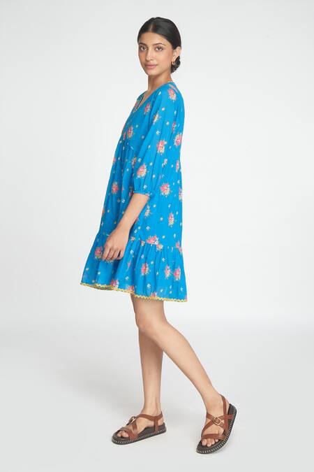 Sinjhar_Blue Cotton Embroidery V-neck Floral Print Short Dress _Online_at_Aza_Fashions
