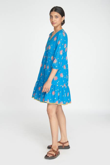Buy_Sinjhar_Blue Cotton Embroidery V-neck Floral Print Short Dress _Online_at_Aza_Fashions