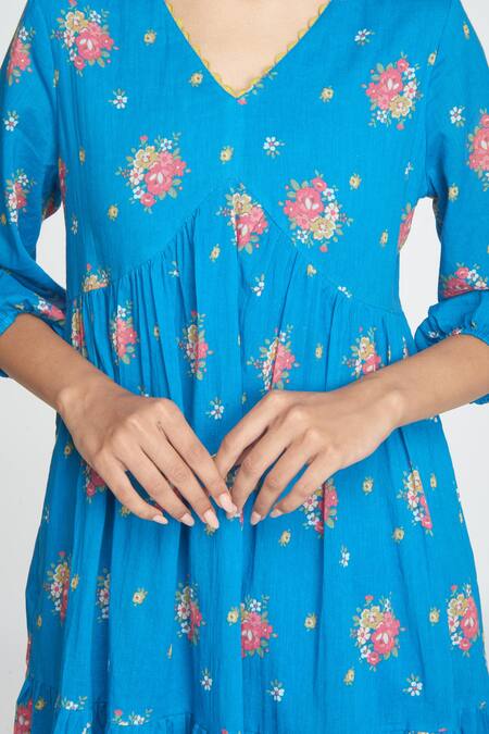 Shop_Sinjhar_Blue Cotton Embroidery V-neck Floral Print Short Dress _Online_at_Aza_Fashions