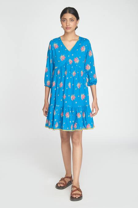 Sinjhar_Blue Cotton Embroidery V-neck Floral Print Short Dress _at_Aza_Fashions