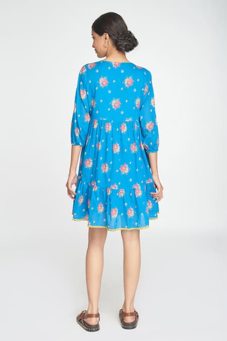 Sinjhar Floral Print Blue Short Dress 