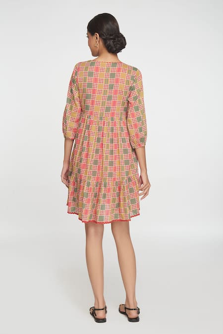 Sinjhar Red Cotton Printed Short Dress 