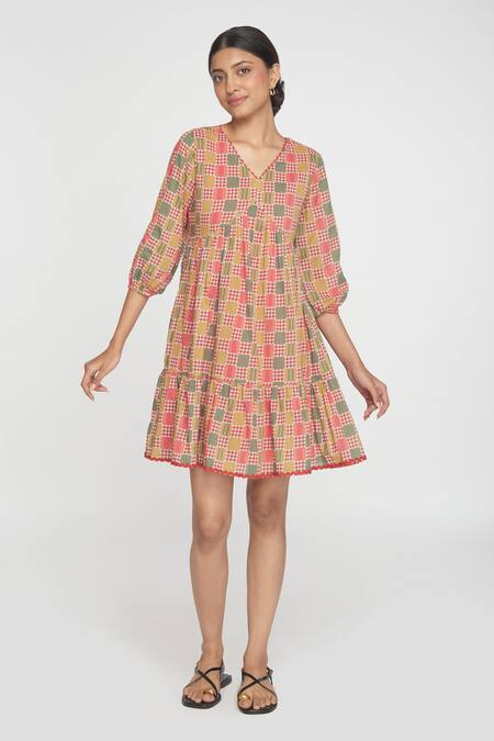 Buy Sinjhar Red Cotton V-neck Printed Short Dress Online at Aza Fashions Buy_Sinjhar_Red Cotton V-neck Printed Short Dress _Online_at_Aza_Fashions
