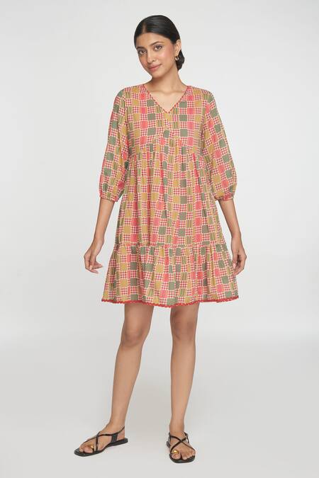 Shop Sinjhar Red Cotton V-neck Printed Short Dress Online at Aza Fashions Shop_Sinjhar_Red Cotton V-neck Printed Short Dress _Online_at_Aza_Fashions