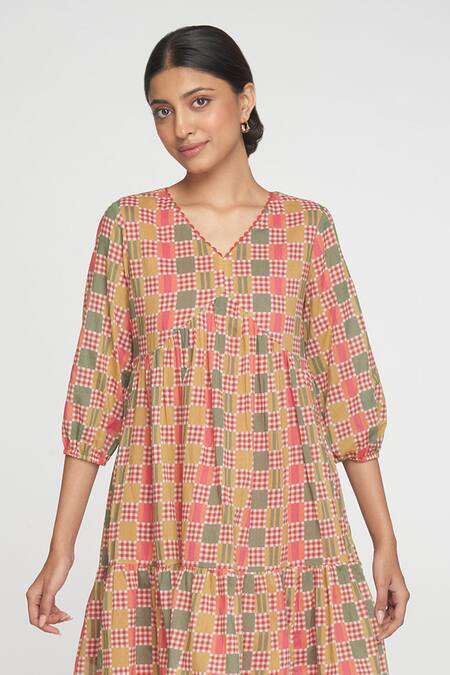 Sinjhar Red Cotton V-neck Printed Short Dress at Aza Fashions Sinjhar_Red Cotton V-neck Printed Short Dress _at_Aza_Fashions