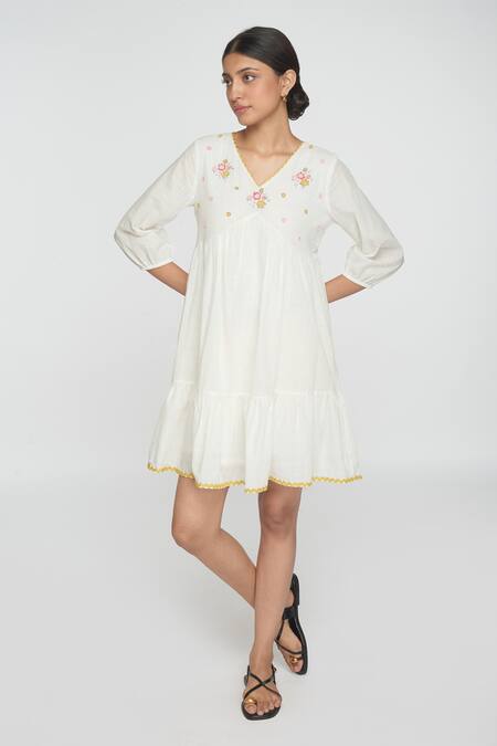 Buy_Sinjhar_White Cotton Embroidery V-neck Dress _Online_at_Aza_Fashions