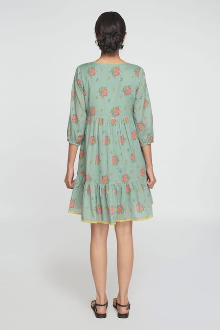 Sinjhar Dull Teal Floral Cotton Dress 