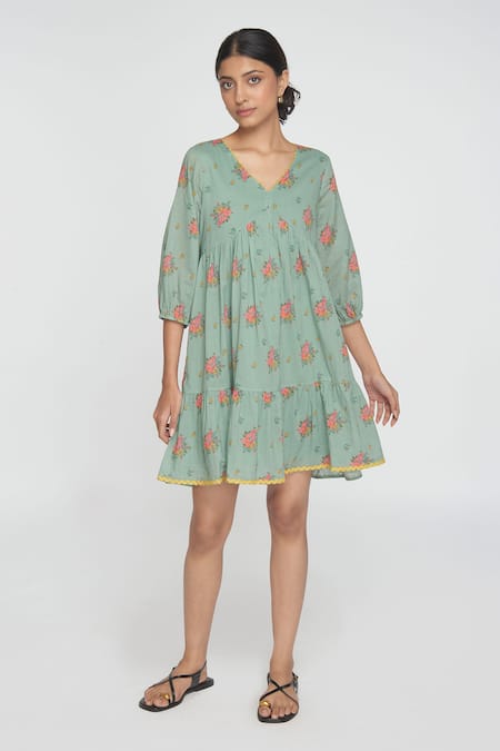 Sinjhar Teal Cotton Embroidery V-neck Dull Floral Dress 