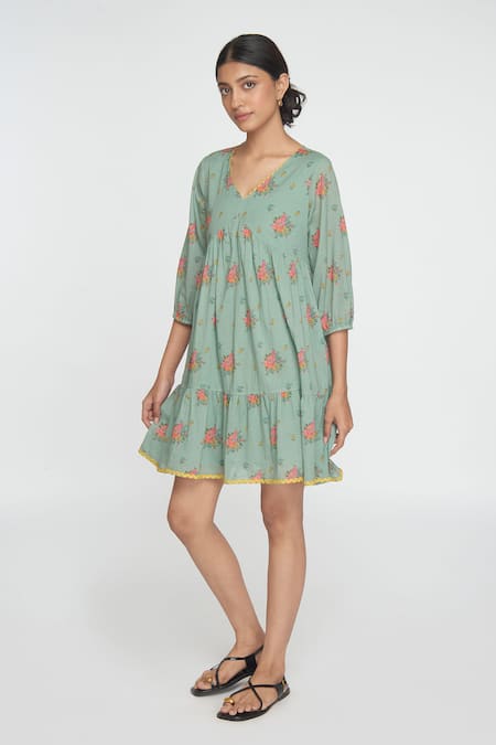 Sinjhar Teal Cotton Embroidery V-neck Dull Floral Dress Online at Aza Fashions Sinjhar_Teal Cotton Embroidery V-neck Dull Floral Dress _Online_at_Aza_Fashions