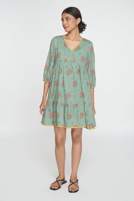 Buy Sinjhar Teal Cotton Embroidery V-neck Dull Floral Dress Online at Aza Fashions Buy_Sinjhar_Teal Cotton Embroidery V-neck Dull Floral Dress _Online_at_Aza_Fashions