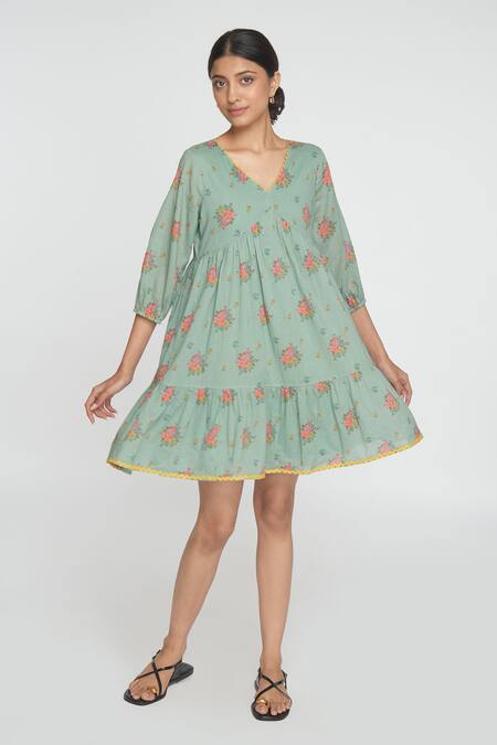Shop Sinjhar Teal Cotton Embroidery V-neck Dull Floral Dress Online at Aza Fashions Shop_Sinjhar_Teal Cotton Embroidery V-neck Dull Floral Dress _Online_at_Aza_Fashions