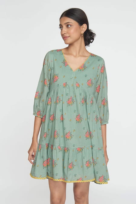 Sinjhar Teal Cotton Embroidery V-neck Dull Floral Dress at Aza Fashions Sinjhar_Teal Cotton Embroidery V-neck Dull Floral Dress _at_Aza_Fashions
