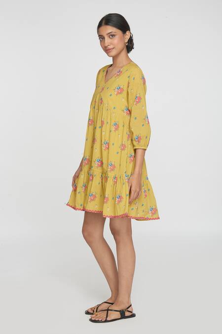 Sinjhar_Yellow Cotton Embroidery V-neck Floral Dress _Online_at_Aza_Fashions