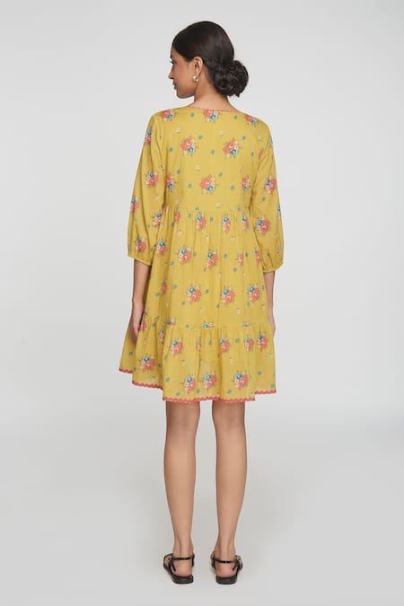 Sinjhar Floral Yellow Cotton Dress 
