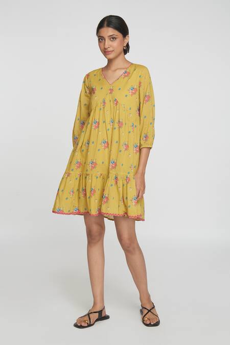 Buy_Sinjhar_Yellow Cotton Embroidery V-neck Floral Dress _Online_at_Aza_Fashions