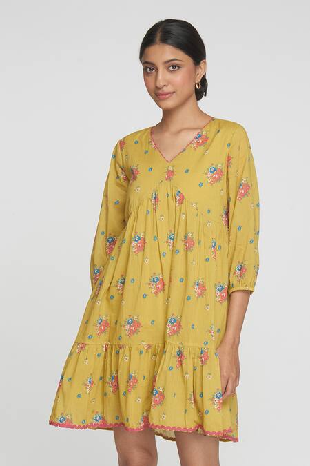 Shop_Sinjhar_Yellow Cotton Embroidery V-neck Floral Dress _Online_at_Aza_Fashions