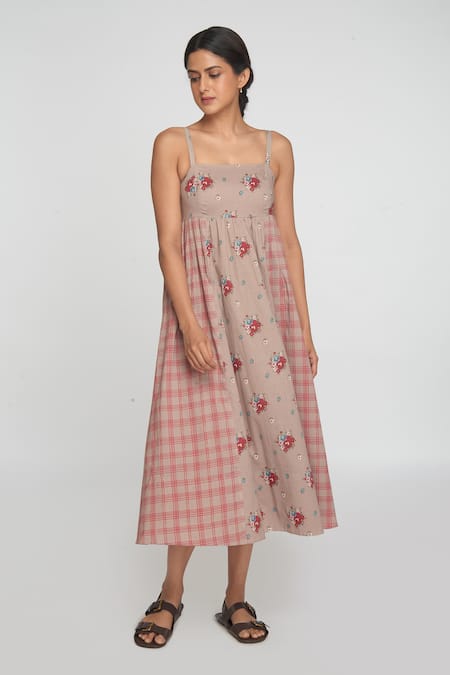 Sinjhar Beige Cotton Round Neck Floral Midi Dress 