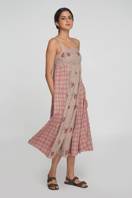 Sinjhar_Beige Cotton Round Neck Floral Midi Dress _Online_at_Aza_Fashions