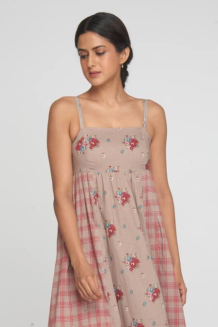 Buy_Sinjhar_Beige Cotton Round Neck Floral Midi Dress _Online_at_Aza_Fashions