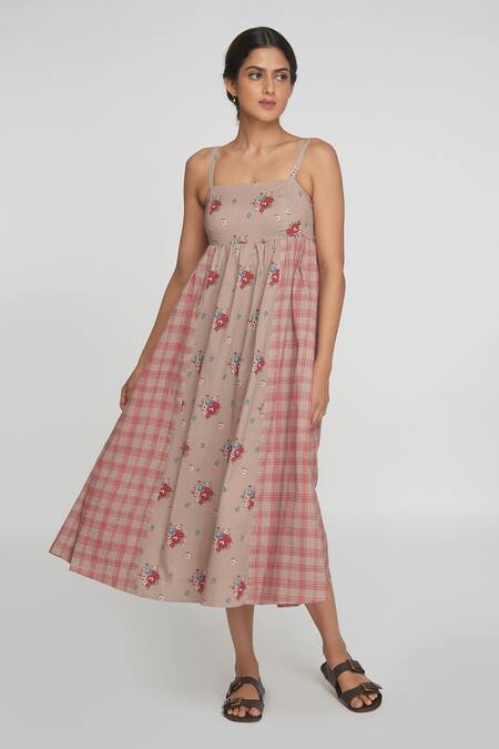 Shop_Sinjhar_Beige Cotton Round Neck Floral Midi Dress _Online_at_Aza_Fashions