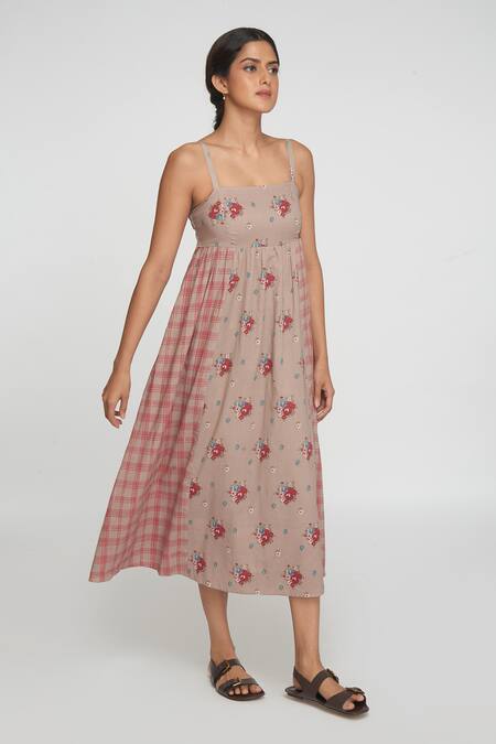 Sinjhar_Beige Cotton Round Neck Floral Midi Dress _at_Aza_Fashions