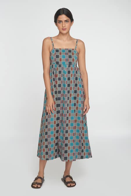 Sinjhar Multi Color Cotton Square Neck Midi Dress 