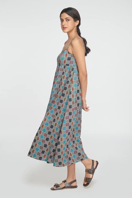 Shop Sinjhar Multi Color Cotton Square Neck Midi Dress Online at Aza Fashions Shop_Sinjhar_Multi Color Cotton Square Neck Midi Dress _Online_at_Aza_Fashions