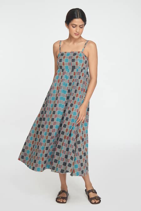 Sinjhar Multi Color Cotton Square Neck Midi Dress at Aza Fashions Sinjhar_Multi Color Cotton Square Neck Midi Dress _at_Aza_Fashions