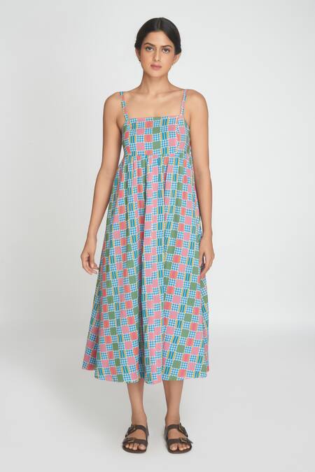 Sinjhar_Blue Cotton Open Neck Midi Dress _Online_at_Aza_Fashions