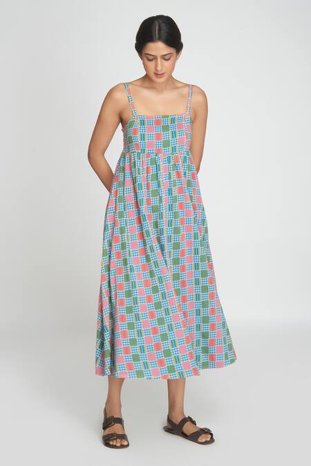 Buy_Sinjhar_Blue Cotton Open Neck Midi Dress _Online_at_Aza_Fashions