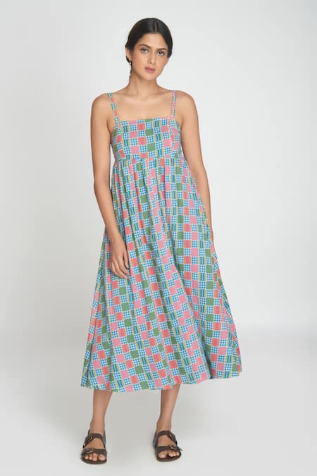 Sinjhar Blue Cotton Open Neck Midi Dress 