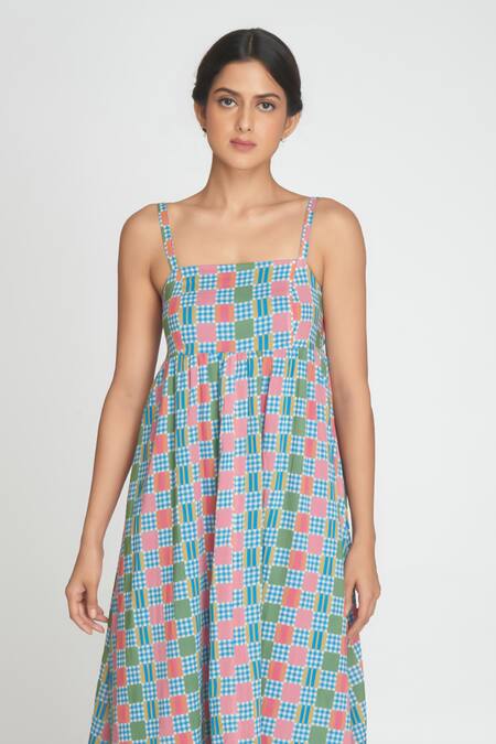 Shop_Sinjhar_Blue Cotton Open Neck Midi Dress _Online_at_Aza_Fashions