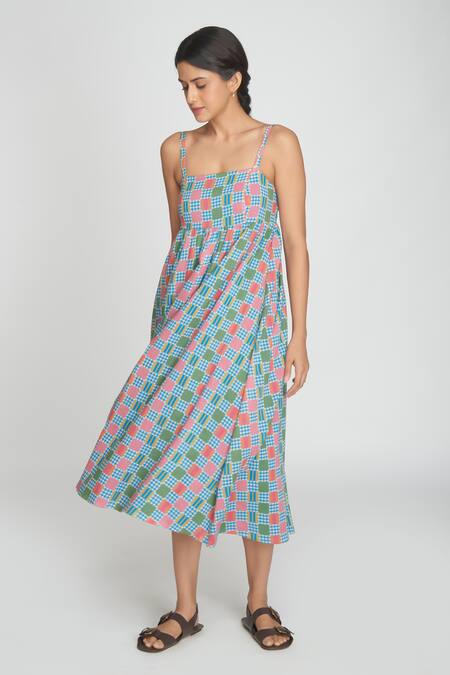 Sinjhar_Blue Cotton Open Neck Midi Dress _at_Aza_Fashions