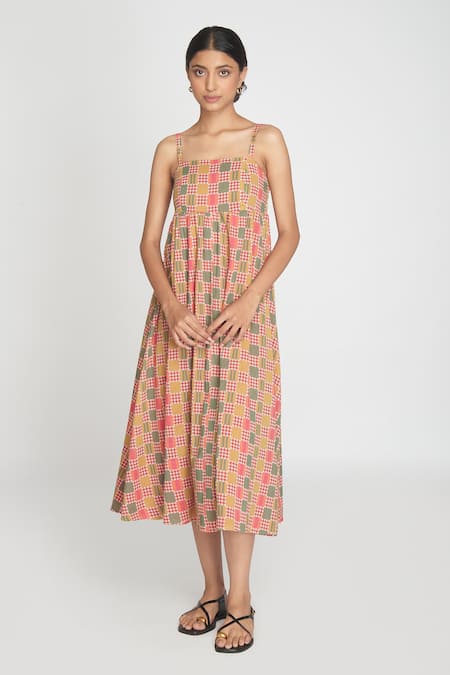 Sinjhar Red Cotton Round Neck Midi Dress 