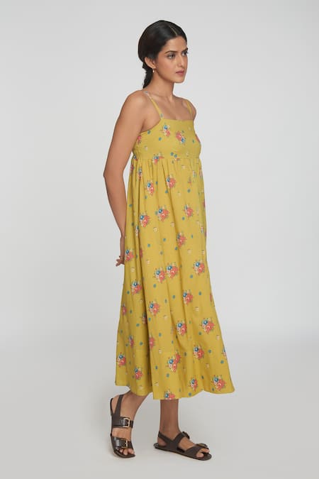 Sinjhar_Yellow Cotton Round Neck Floral Midi Dress _Online_at_Aza_Fashions