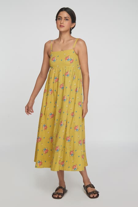 Buy_Sinjhar_Yellow Cotton Round Neck Floral Midi Dress _Online_at_Aza_Fashions