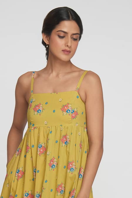 Shop_Sinjhar_Yellow Cotton Round Neck Floral Midi Dress _Online_at_Aza_Fashions