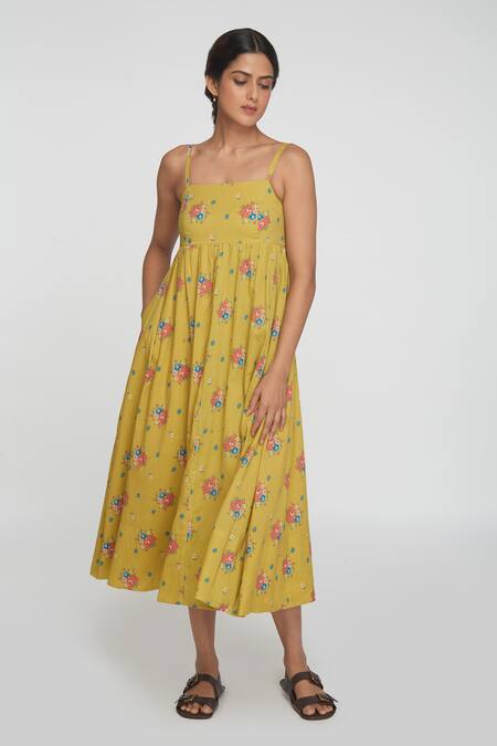 Sinjhar_Yellow Cotton Round Neck Floral Midi Dress _at_Aza_Fashions